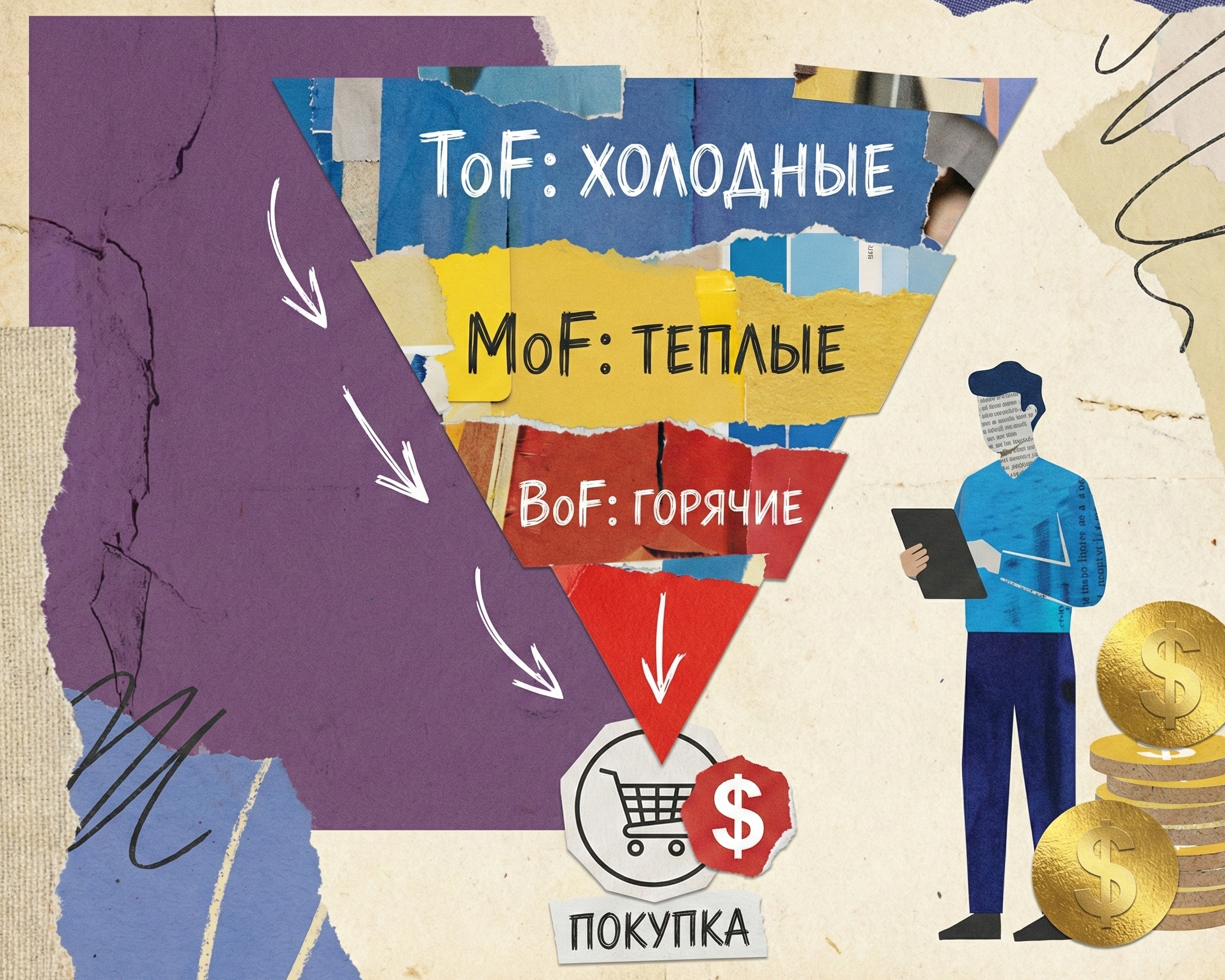 Collage with funnel diagram (воронка продаж), and an illustration of a person with coins and a shopping cart icon.