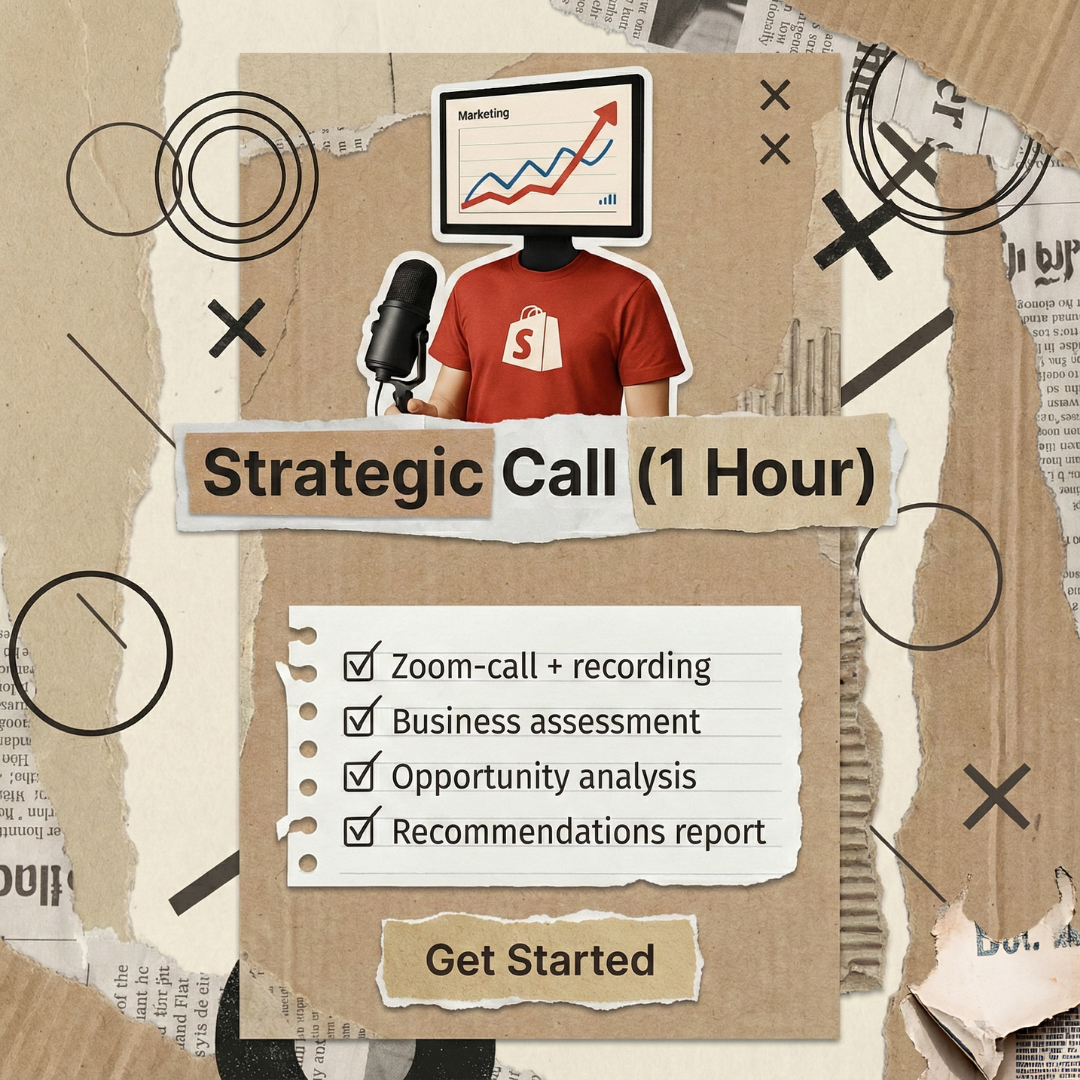 Promotional graphic for a 'Strategic Call (1 Hour)' with a person in a red shirt and microphone, set against a collage of newspaper clippings and icons.