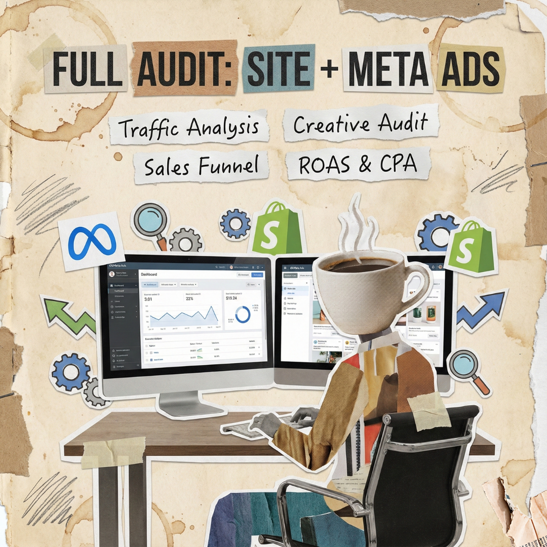 Collage of a person at a desk with computer monitors, coffee, and various icons on a textured background with text about audit services.