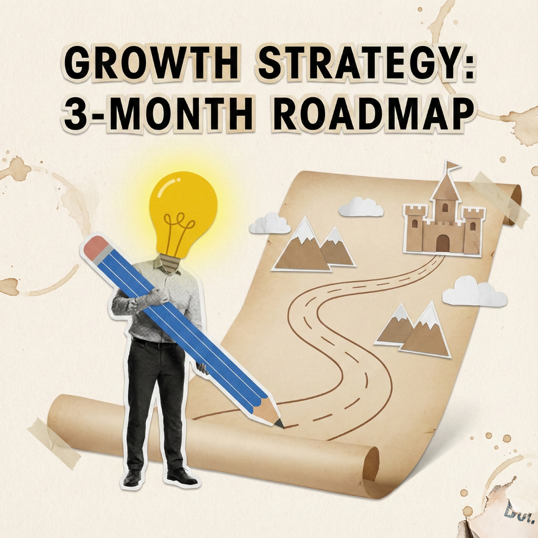 Growth strategy 3-month roadmap with a person holding a pencil and light bulb, on a beige background.